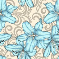 seamless pattern with blue lilies flowers and abstract floral swirls N2