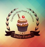 Pink cupcake with label over polygonal background