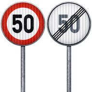 Two red and white maximum speed limit 50 road signs