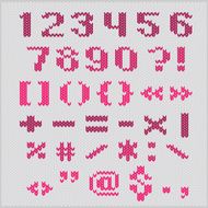 Knitted vector alphabet red bold sans serif numbers and punctuation