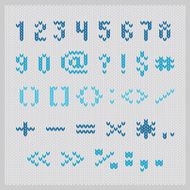 Knitted vector alphabet blue small sans serif numbers and punctuation