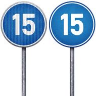 Two blue minimum speed limit 15 circular road signs