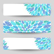 Three banners with blue leaves