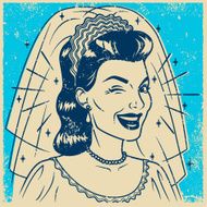 Retro Screen Print Smiling Bride Line Art Illustration N2