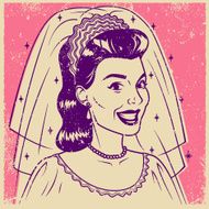 Retro Screen Print Smiling Bride Line Art Illustration N3
