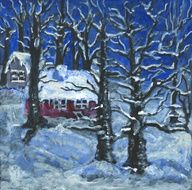 Acrylic painted winter scene in the forest with woodman&#039;s cottage