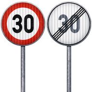 Two red and white maximum speed limit 30 road signs