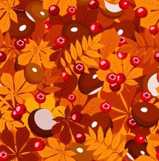 Seamless pattern with autumn leaves chestnuts and rowanberries Vector illustration