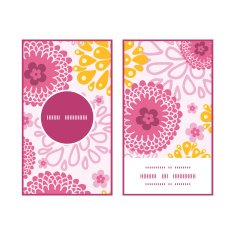 Vector pink field flowers vertical round frame pattern business cards N2