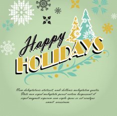 Kitschy vintage Happy Holidays greeting design with trees