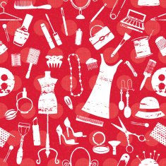 Red dotted seamless background with beauty and fashion symbols N2