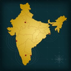 India map on dark background with grid and markers