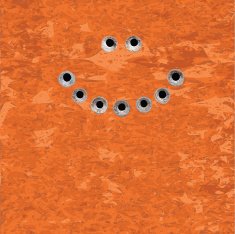 Smiley Shaped Bullet Holes Burst on Rusty Metal Plate Surface