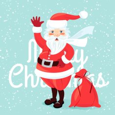 Waving Santa Claus with sack full of presetns Flat style