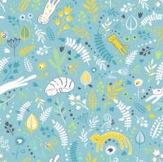 Seamless pattern with floral elements and cartoon cats N3