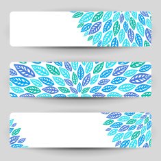 Three banners with blue leaves