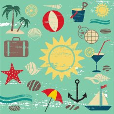 Scratched summer and sea related icons on blue textured background