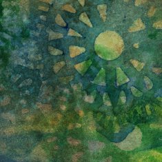 Green and earth tones in a mottled watercolor painting