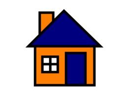 painted orange house with blue croche on a white background