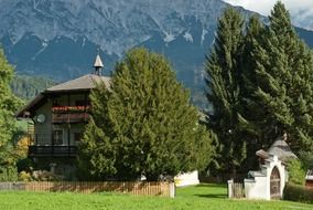 landscape of mountain and rural house in austria