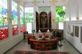 room with stained glass windows