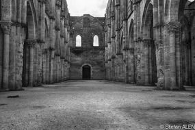 ruin of san galgano abbey, black and whit, italy, tuscany