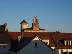 brick crosses on the roof of the church