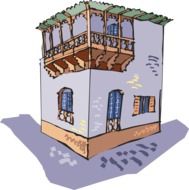 blue old apartment building, illustration