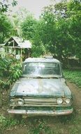 old damaged car at garden