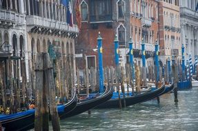 rows of gondolas on the water channel in venice