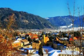 village on a background of mountains in austria