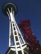 view from below of Space needle landmark in Seattle