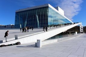 people on plaza at opera house, norway, oslo