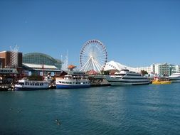 view of the ferris wheel from the chicago navy pier lake