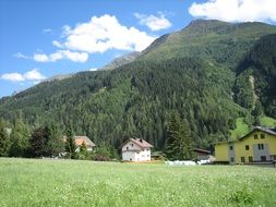 village on a green meadow on a background of green mountains