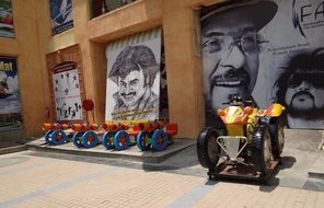models of oldtimer canons in film city, india, bangalore
