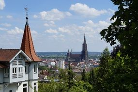 distant view of ulm cathedral in sunny day