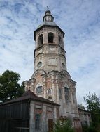 bell tower of orthodox voskresenskay church at sky, russia, ostashkov