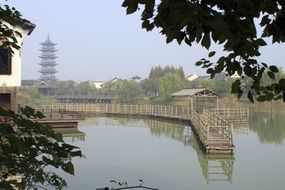 panoramic view of the lake among the architecture of asia