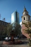 old church and new skyscraper, chile, santiago