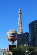 Eiffel Tower and hot air balloon over a casino in Las Vegas