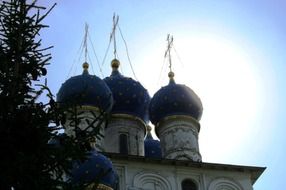 russian orthodox church with bright blue domes