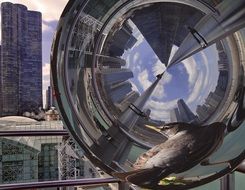 reflection of the birds and the city in the lens in Washington