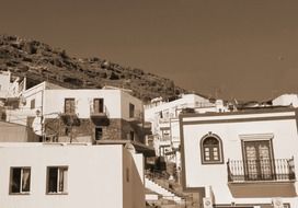 monochrome picture of old village on mountain side, spain, canary islands