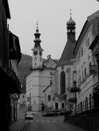 city path in old town black and white