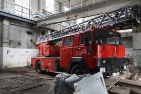 red fire truck in warehouse