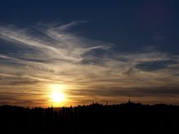 yellow sunset over the city on the horizon