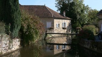 reflection of a stone house in a river