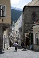 pedestrian street in old town at mountains, austria, hall-in-tirol