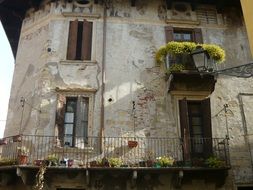 flowers on the balcony of a ruined house in Italy